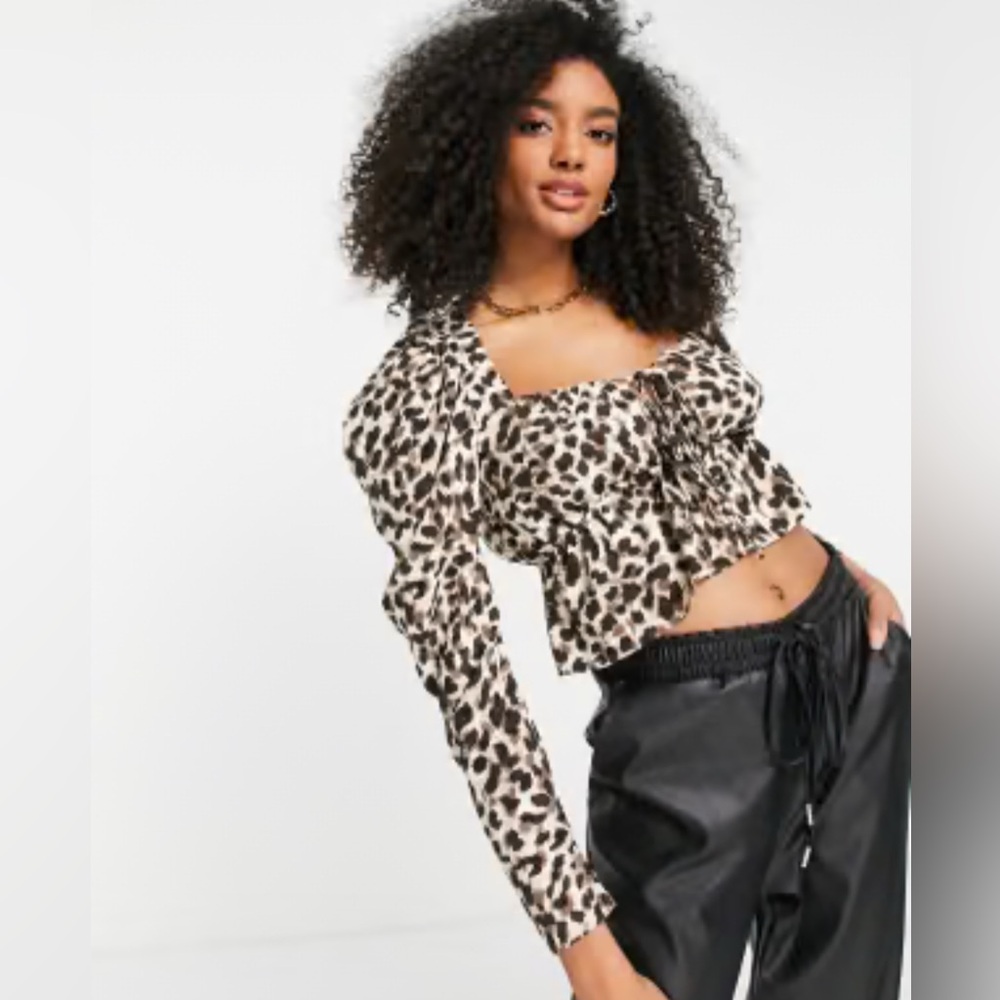 Topshop Animal Print Long Sleeve Sweetheart Neckline Crop Top Size 2 NWT